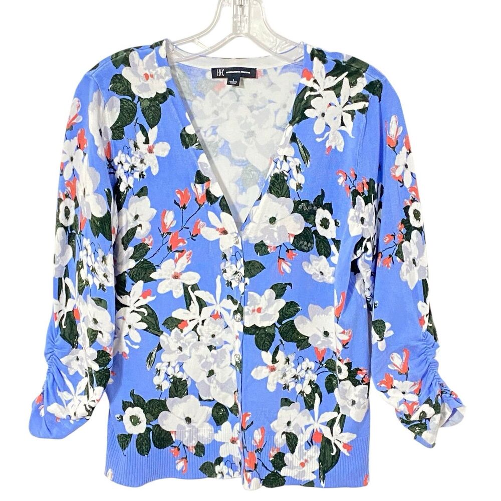 INC Women's Blue Sequin L Floral Rhinestone Buttons Knit Cardigan Sweater